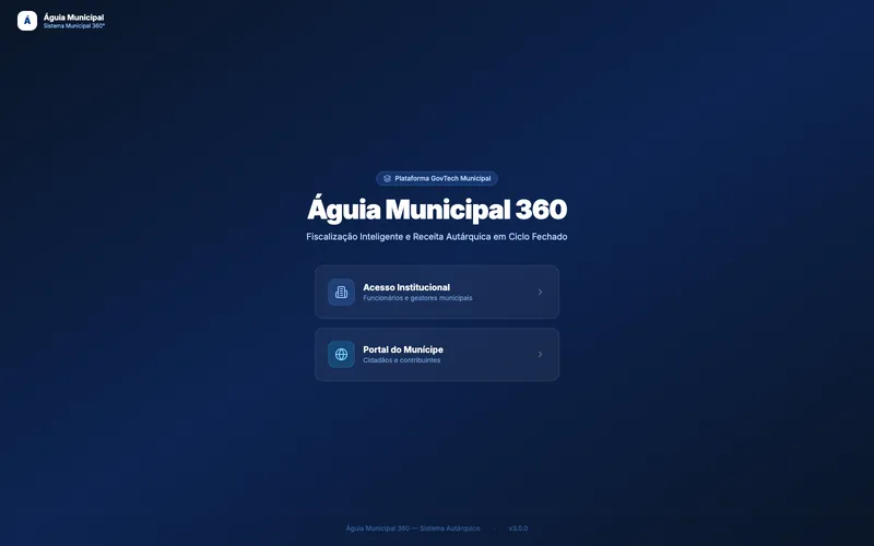 Ecrã de entrada do Águia Municipal 360: acesso institucional e portal do munícipe