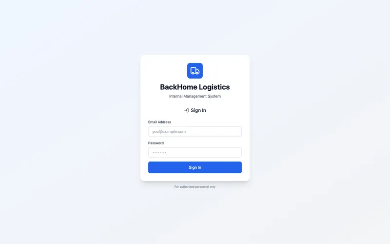Ecrã de entrada do sistema BackHome Logistics